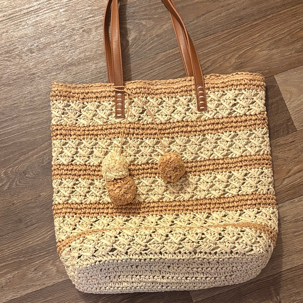 Nordstrom Woven Straw Tote in Natural and Tan with Pom Pom Detail